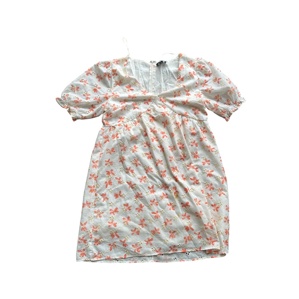Gigio USA Orange Floral Eyelet Babydoll Mini Dress White V-Neck Puff Sleeve L